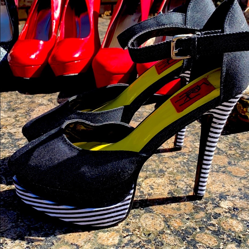 FRH Black Denim 6” heels - Sz. 7.5